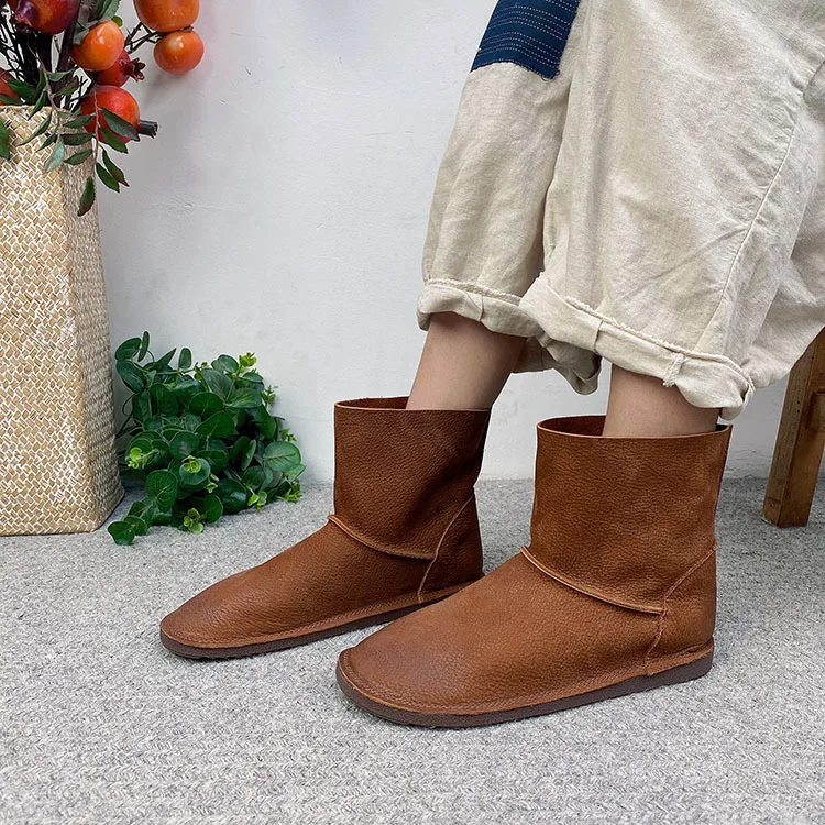 Careaymade-Genuine leather Women\'s shoes,Round Head Pure handmade Cowhide warm Boots  comfortable Flat Forest Casual ankle boots