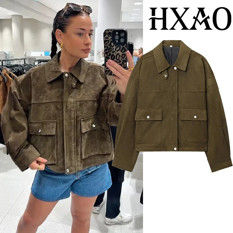

HXAO куртка-бомбер из искусственной кожи, женская укороченная замшевая куртка с длинными рукавами, осенняя университетская куртка на молнии с лацканами, новая верхняя одежда