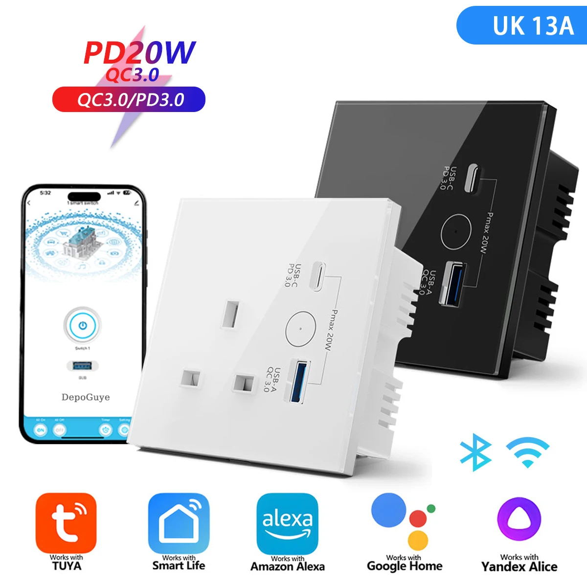 

UK WiFi Smart Tuya USB Type-C 20 Вт Розетка для быстрой зарядки Стекло 13А Розетка Сенсорный переключатель Беспроводная зарядка Работа с Alexa Google Home