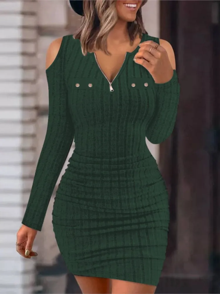 Women Fashion Solid Bodycon Mini Dress 2023 Autumn Winter Sexy Cold Shoulder Zipper Fly Ribbed Casual Long Sleeve Skinny Dresses