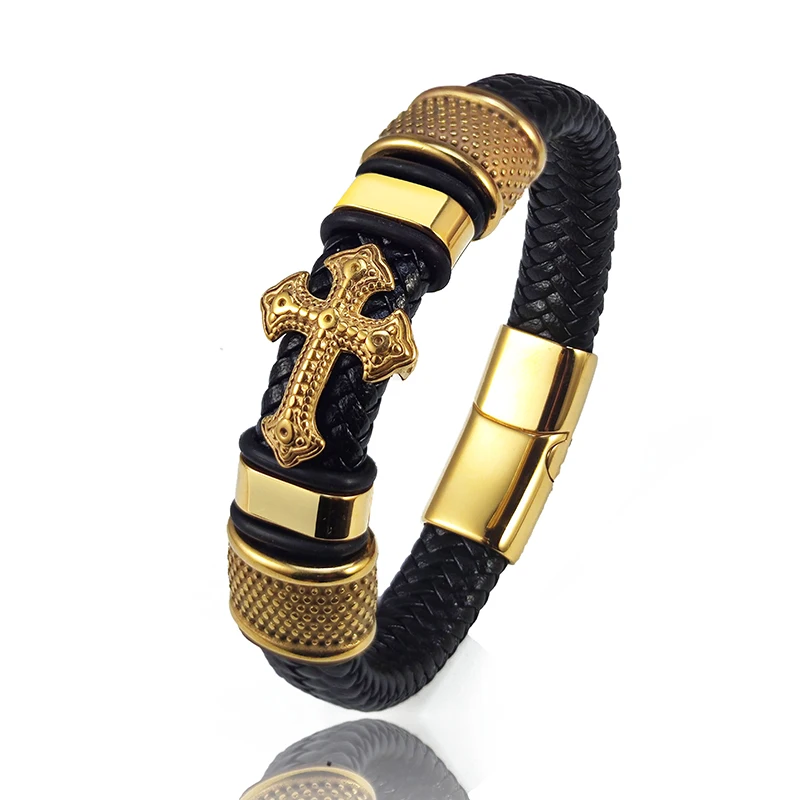 MingAo 2023 Fashion Vacuum Plating Gold Single Layer Cross Leather Bracelet Charm Bracelet Men\'s Hand Jewelry for Women