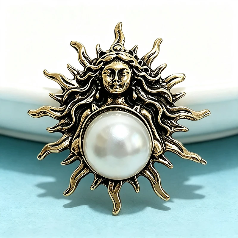 Wuli&baby Vintage Sun Goddess Brooches For Women Unisex Alloy Pearl Figure Party Office Brooch Pins Gifts