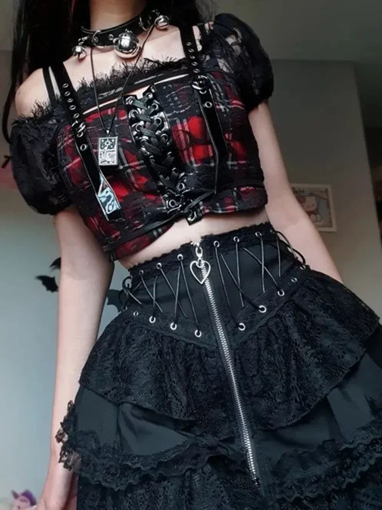 E-girl Gothic Lace Mini Pleated Skirt Women Punk Y2K Aesthetic High Waist A-Line Short Skirt 90s Vintage Harajuku Streetwear