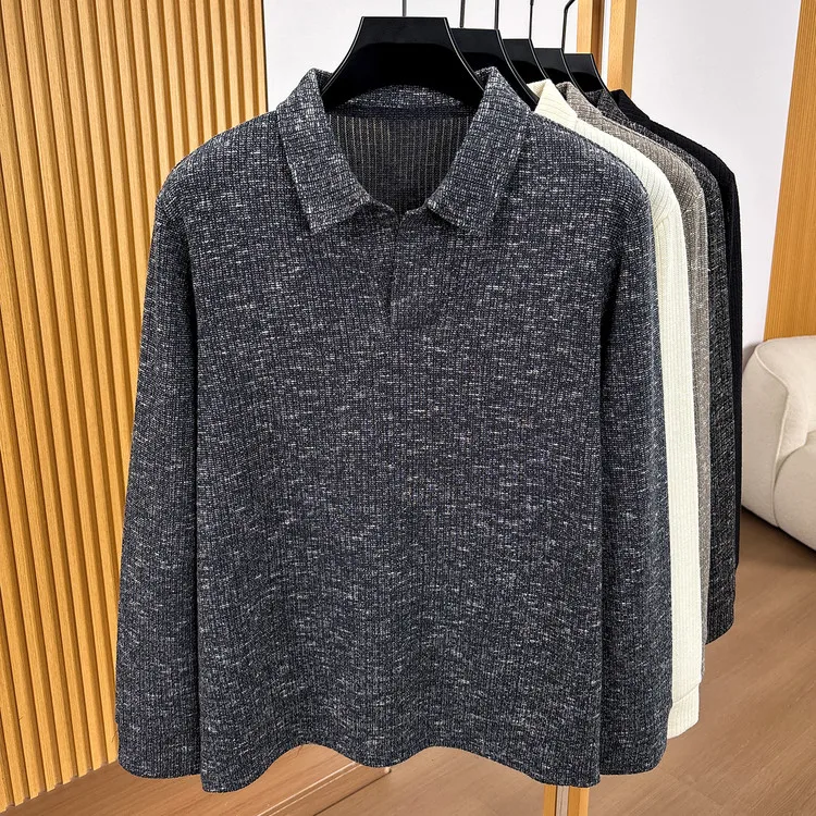 Herren-Polohemd mit Reverskragen, langärmelig, aus strukturiertem, geripptem Stoff, mit halber Knopfleiste, schmal geschnitten, weiches Strickoberteil, für den Alltag, lässige Herrenoberteile – Detail 6