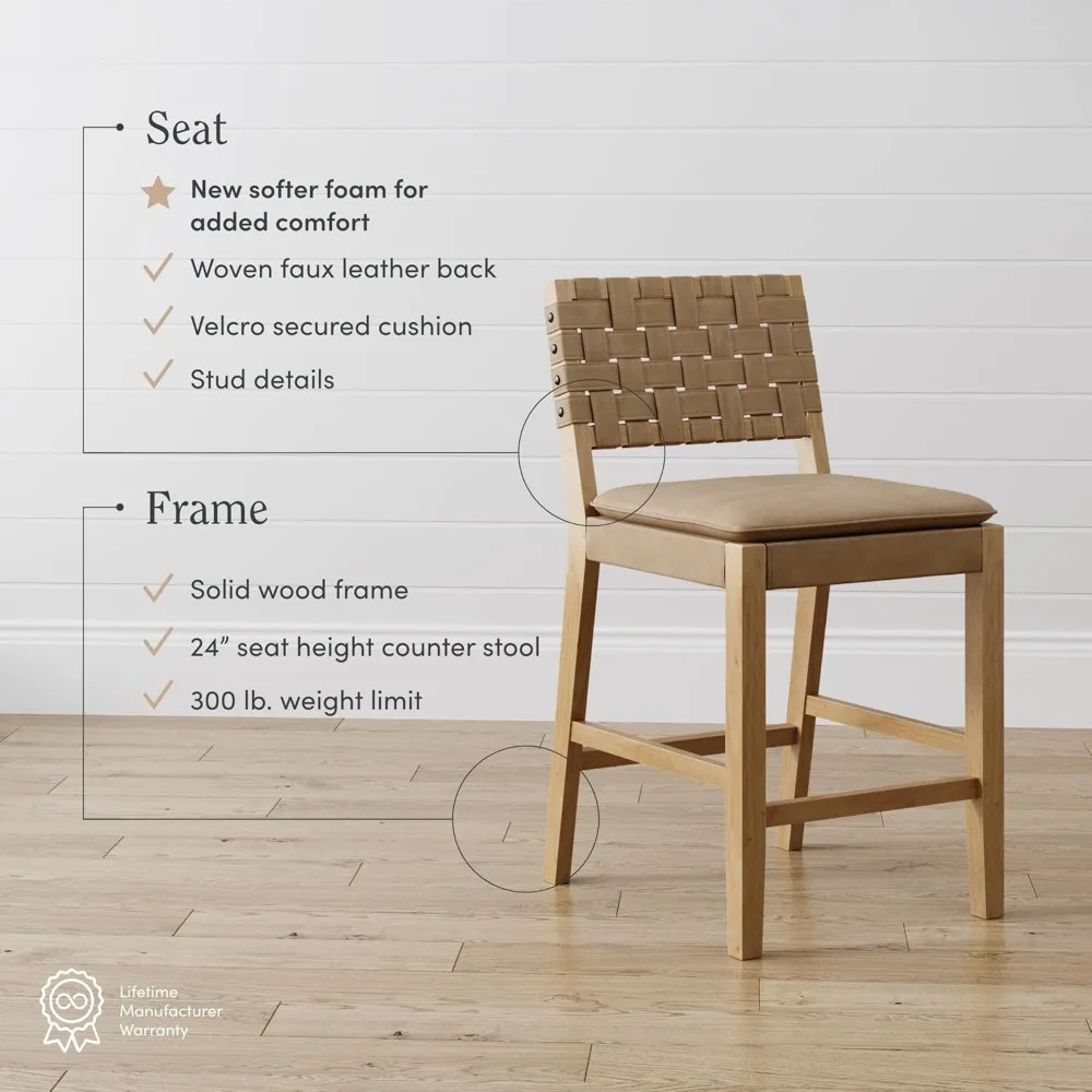 미드 센추리 모던 스타일 가죽 바 스툴, 카운터 높이, 견고한 목재 프레임, 발받침, 직조 가죽 시트