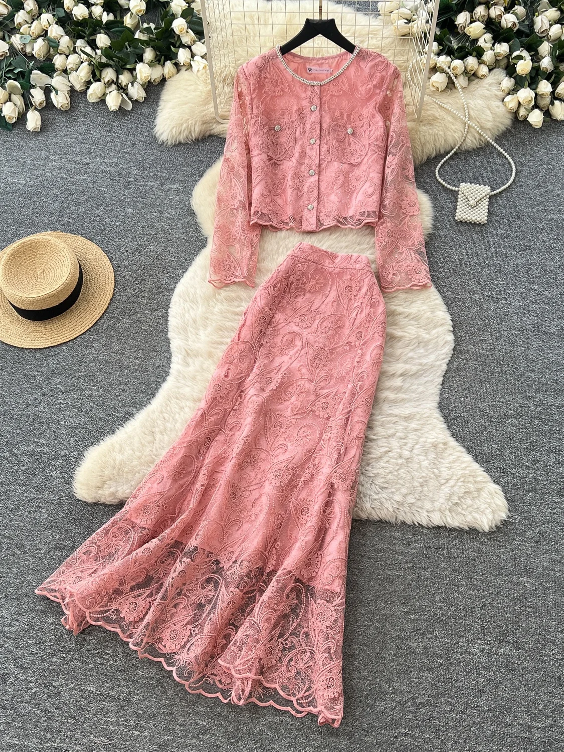 Elegant Lace Splicing Embroidered Open Cardigan Skirt Two-Piece Set Women's Slimming Autumn Fashion Casual Commute Style