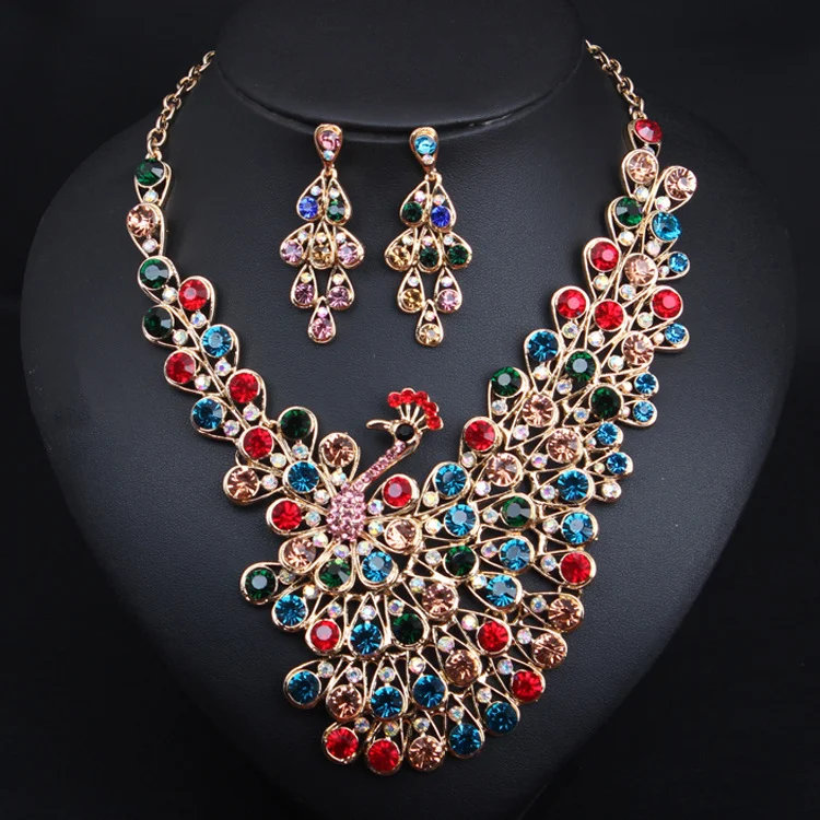 

Talent full diamond peacock necklace and earrings set - formal evening gown bridal accessories