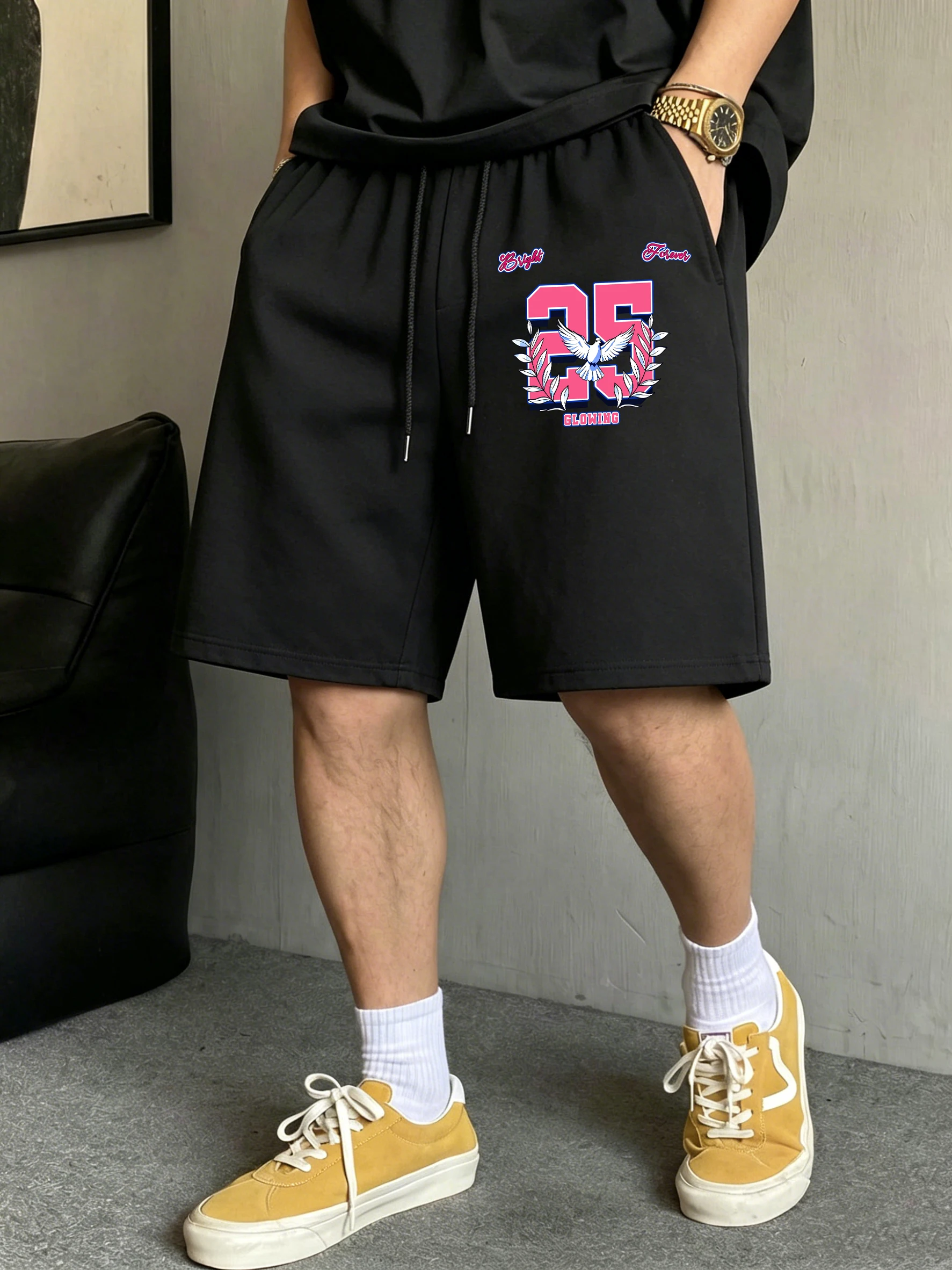 

Bright Forever 25 Printed Pocket Men Pants Summer Casual Shorts Loose Soft Retro Streetwear Unisex All-Match Wide-Leg Bottoms