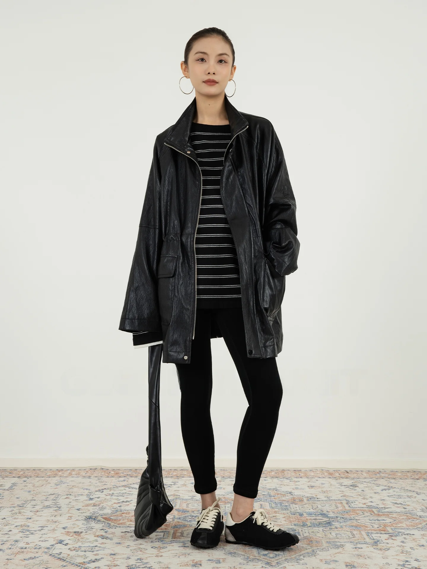 Geometry Unit Women's PU Leather Jaet Mid-Length Waist-Cinching Stand Collar Windproof Bla Coat for Autumn And Winter