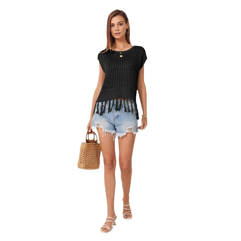 Women's summer knitted T-shirt 2024 Summer new handmade tassel short-sleeved top loose round neck hollow out women's knitwear