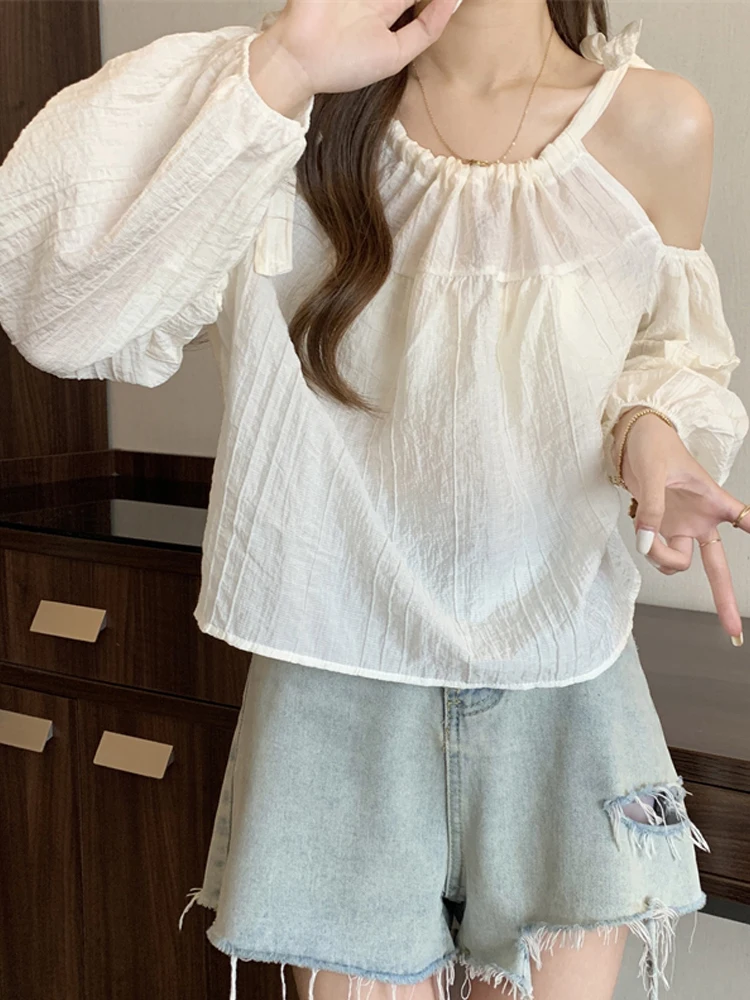 قميص شيفون أنيق بأكمام فقاعية للنساء، قميص قصير الطول للحماية من الشمس، تصميم فريد من نوعه، أكمام طويلة، حزام على الكتف، قميص...