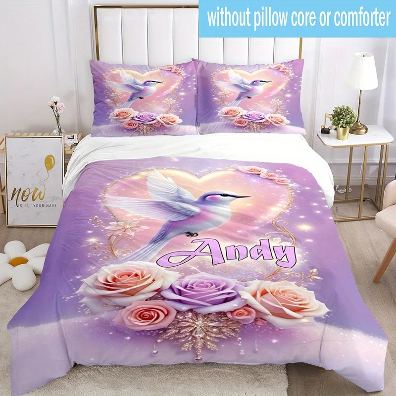Name Custom Bedding Set Pink Rose Bird Polyester Duvet Cover Single Twin Queen King Size for Home Decoration Birthday Gift