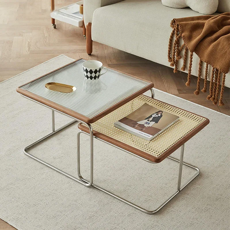 Living room household small apartment tea table combination light luxury modern Internet celebrity rattan simple stainless steel