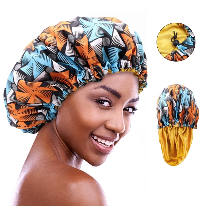 Women Large Satin Ankara Bonnets Elastic Lined African Head Sleep Bonnet Female Wrap Cap Print Head Cover Bonnets Turban