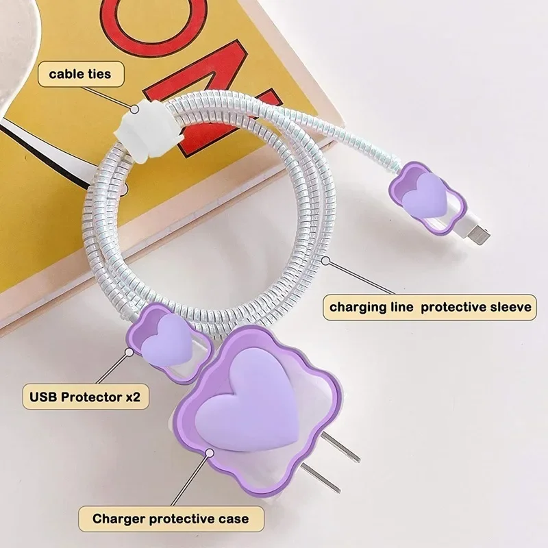 Charger Protector Cable Organiser for iPhone 14 13 12 11 Pro Max 18W 20W 3D Heart Type C Data Cable Management Cord Winder Kit