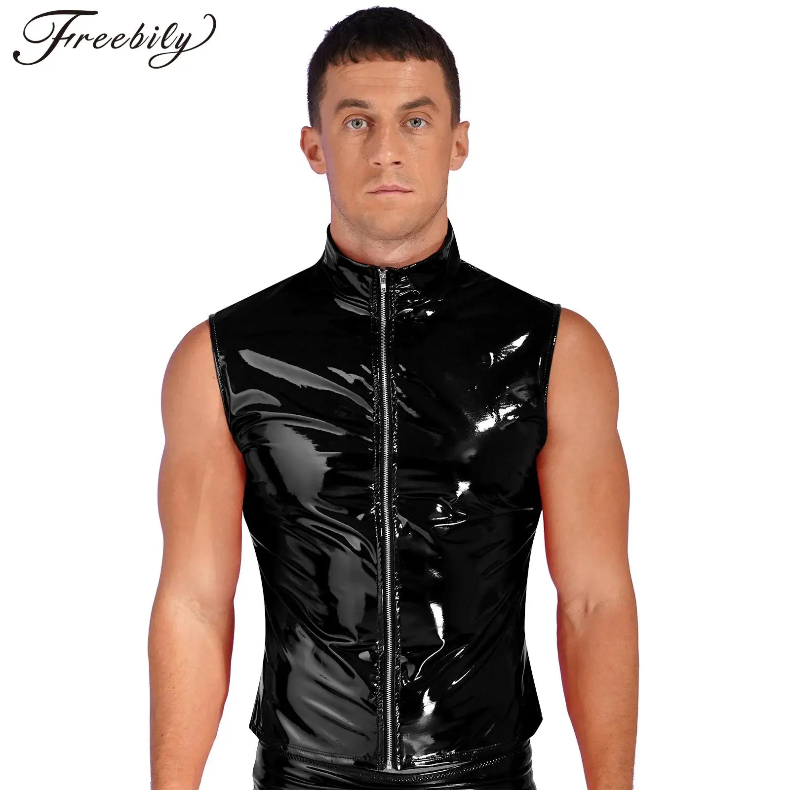 Mens Zipper Sleeveless Vests Fashion Stand Collar Wet Look Patent Leather Vest Clubwear Tank Top for Male Clubbing Costumes