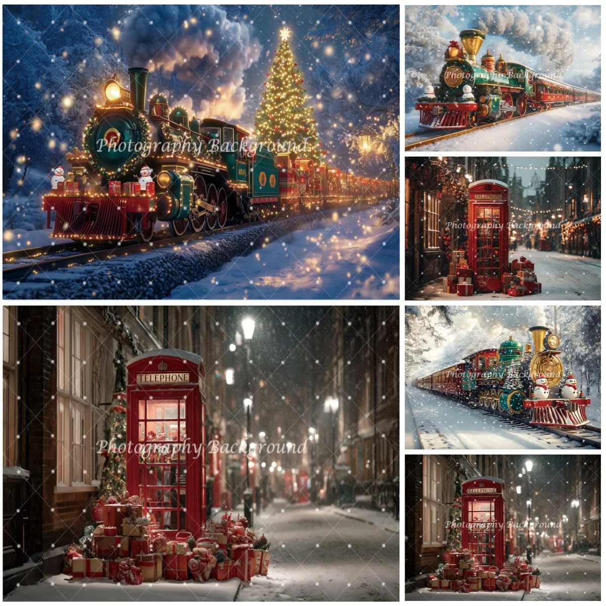 Christmas Train Backgrounds For Photographs Christmas Tree Telephone Booth Family Kids Portrait Decorations Photography Backdrop