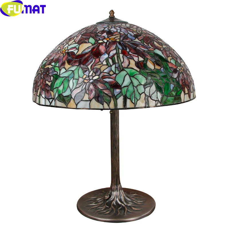 FUMAT Tiffany Style Hanging Garden Colorful Stained Glass Big Desk Lamp Casting Copper Art Antique Decor European Table Lights