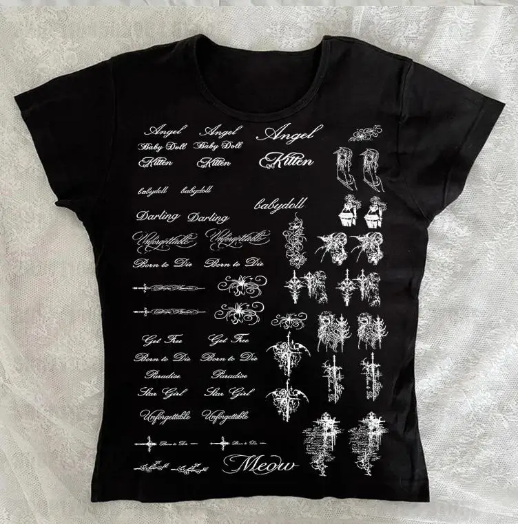 Cartoon English pattern printed T-shirt - trendy fashionable punk high street gothic style - versatile summer T-shirt for women