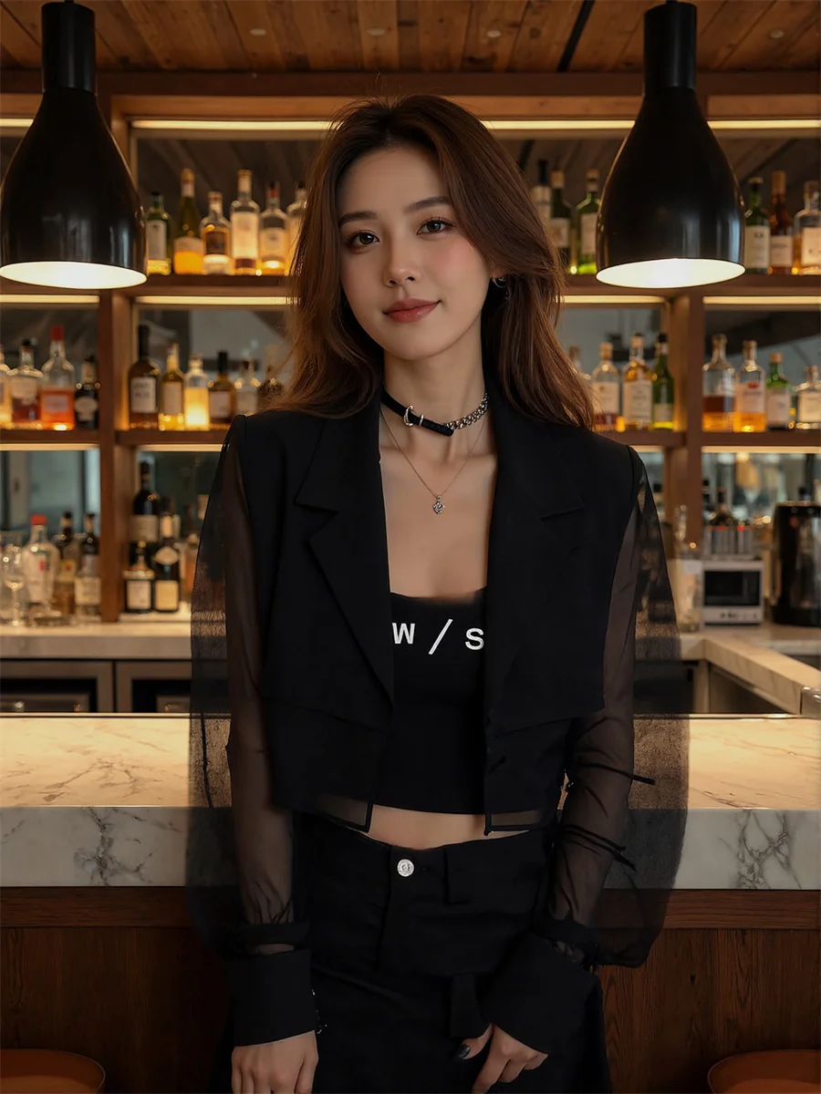 Sun-proof Cropped See-through Back-Slit Blazers Elegant Woman Clothes For Women Ruffles Split-Side Washed Single-Row Dark Tender