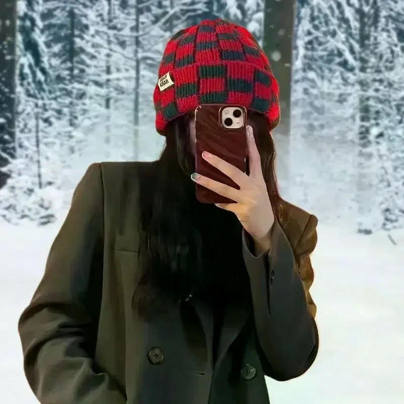 رقعة الشطرنج منقوشة متماسكة بيني للنساء الشتاء الكورية محيط الرأس الكبير البلوز قبعة قبعات الرجال اليابانية الرجعية #3