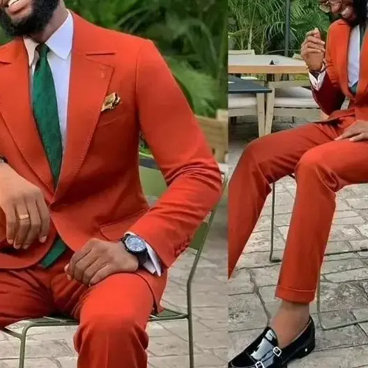 Men\'s Suits Handsome High Quality Orange Men Wedding Tuxedos 2 Pieces Groom Pants Prom Jacket Blazer Men Clothing