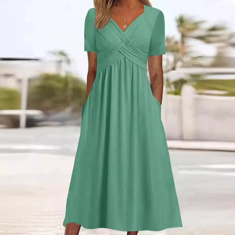 

2025 women's summer new short-sleeved dress fashionable personality V-neck pleated dress