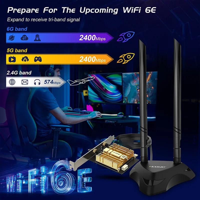 Edup 5374mbps wifi6e intel ax210 pcie adaptador wi-fi sem fio 2.4ghz 5.8ghz 6ghz 802.11ax para bluetooth5.3 wifi6 cartão para win10 11