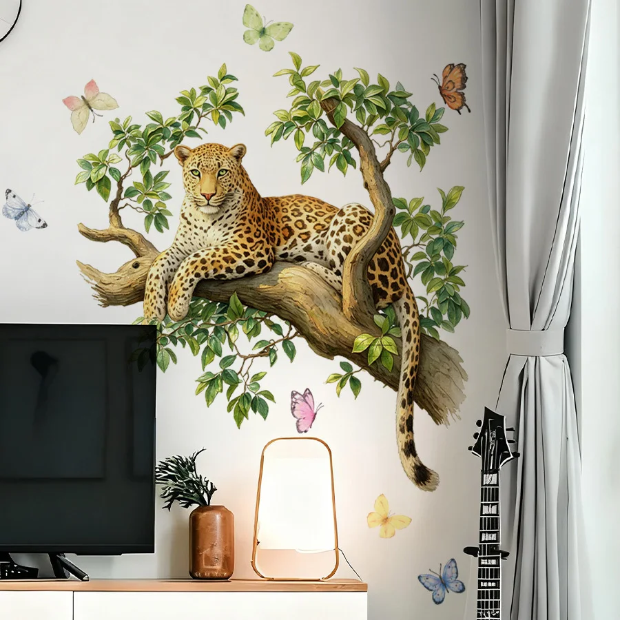 2D flat design, one leopard print wall sticker with multiple colors including pink, yellow, and blue.