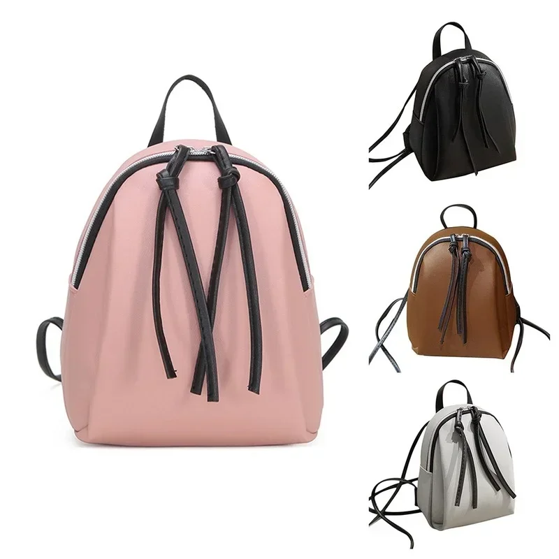 Mini mochila de couro PU para mulheres, bolsa de ombro pequena com borla zíper, mochila escolar feminina para adolescentes