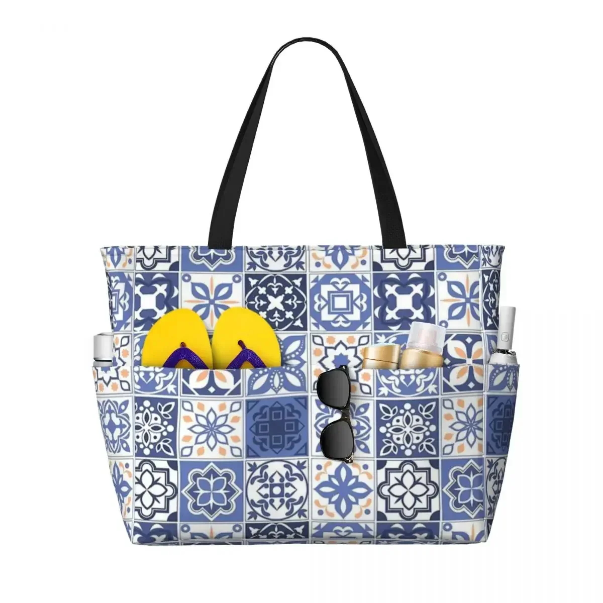 Blue Portuguese Tile Beach Travel Bag, Tote Bag Popular Practical Out Birthday Gift Multi-Style Pattern