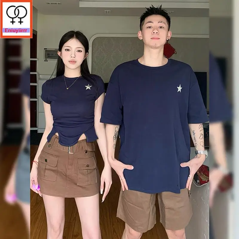 Matching Couple Hoodies Lovers Clothes 2024 Summer Honeymoon Date Girls Sexy Crop Tops Print Retro Couple Cotton T-Shirts