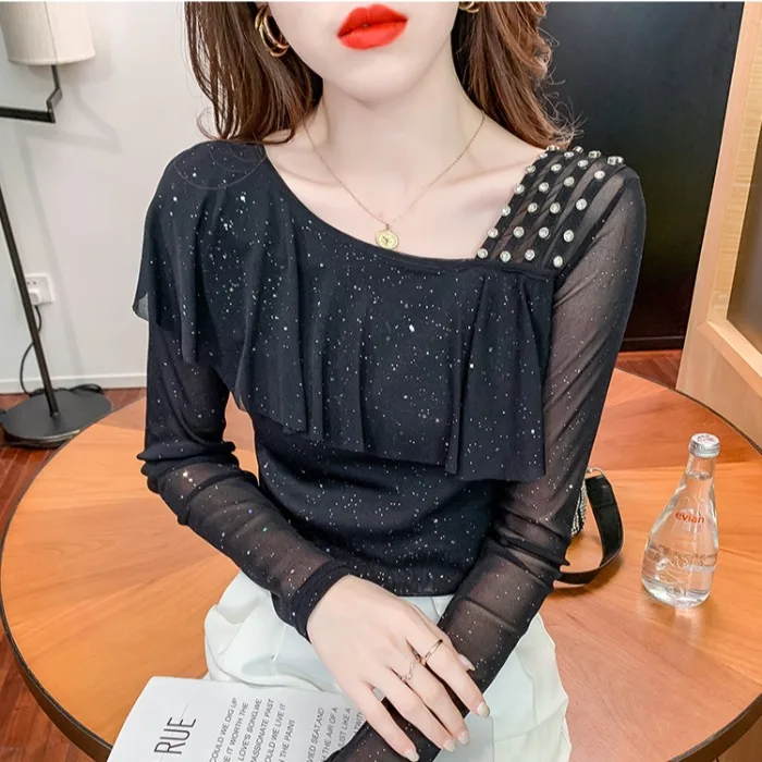 Handmade Beaded Long Sleeve T-Shirt Women's Fashionable Spring Autumn Mesh under Shirt Sexy Lace Trim Top OL Style Commute Wind