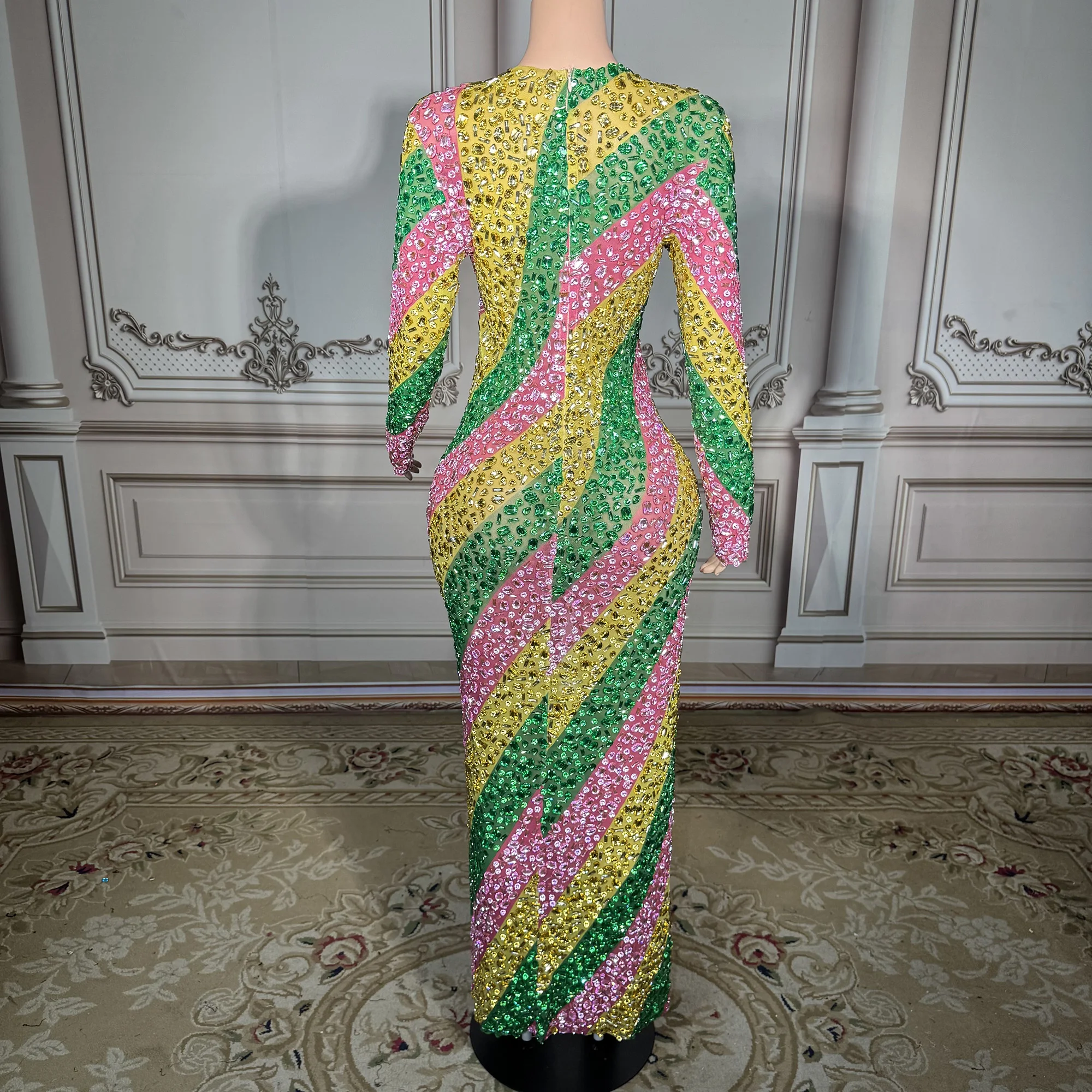 ZD レディース セクシー キラキラ マルチカラー ラインストーン ノースリーブ メッシュ シースルー ショートドレス 誕生日 プロム ダンス 大きいサイズ