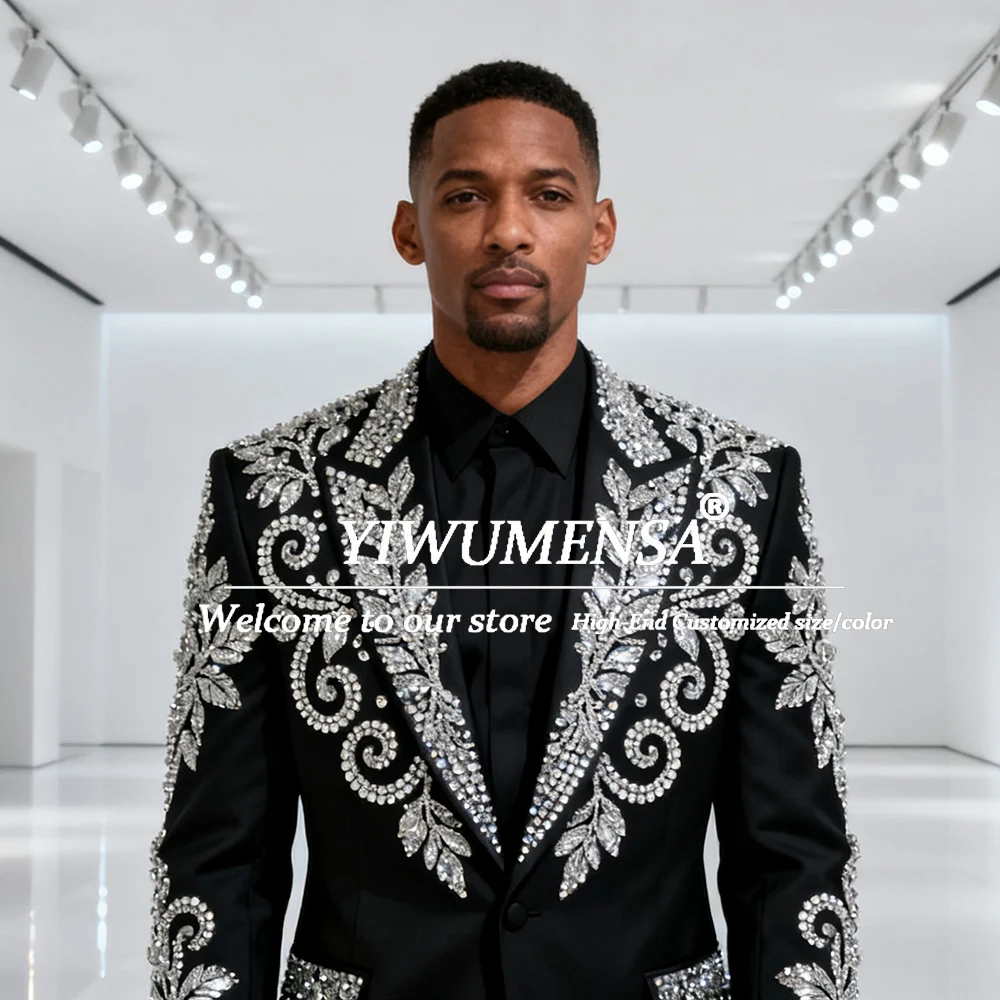 

Сверкающие мужские костюмы с бриллиантами и бисером на свадьбу, комплект из 2 предметов, однобортные смокинги для жениха, индивидуальные мужские сценические пиджаки для выступлений