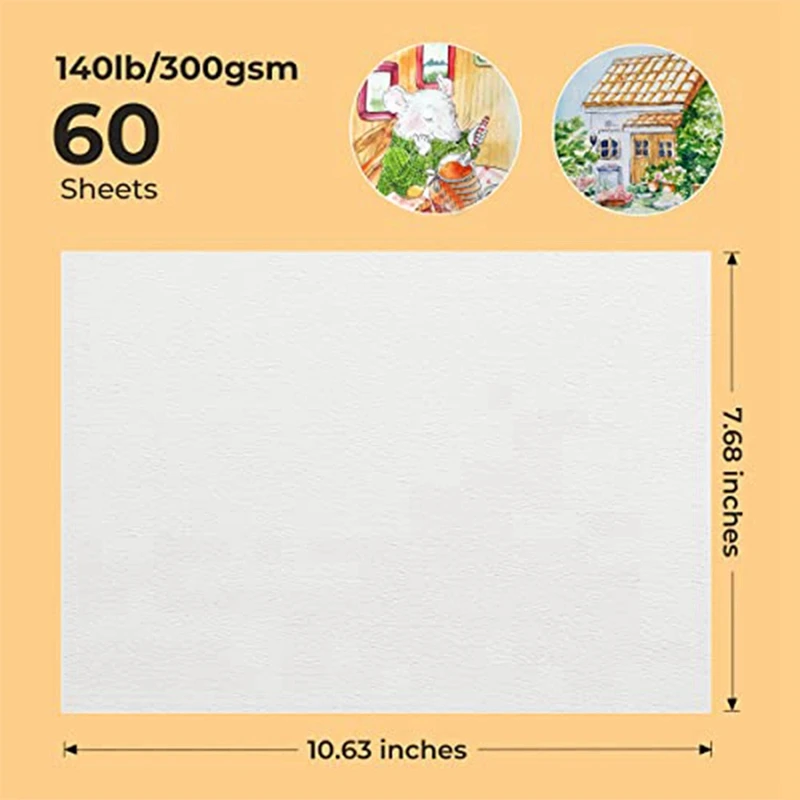 60 Sheets Cold Press 50% Cotton&140Lb /300Gsm Acid-Free Bulk White Paper Watercolor Paper (10.63 X 7.68 Inch)