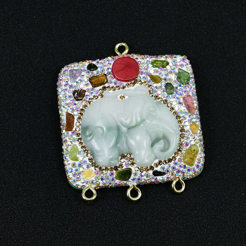 2 Pcs 45mm Natural Jadeite Carved Elephant Tourmaline Coral Pendant Cz Pave Pendant Connector Charm Necklace Making DIY