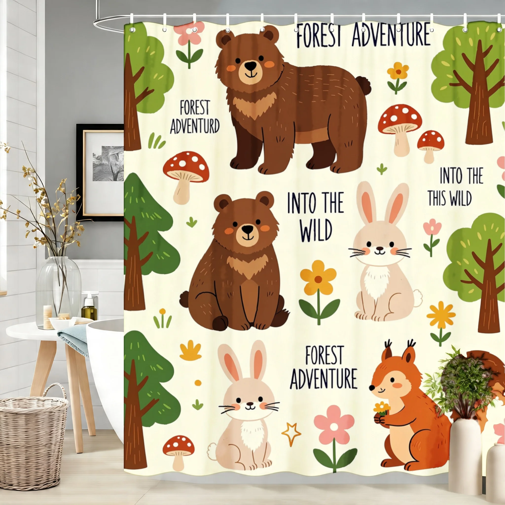 Forest Adventure Woodland Animals Shower Curtain with Bears, Rabbits, and Squirrels for Bathroom Decor
