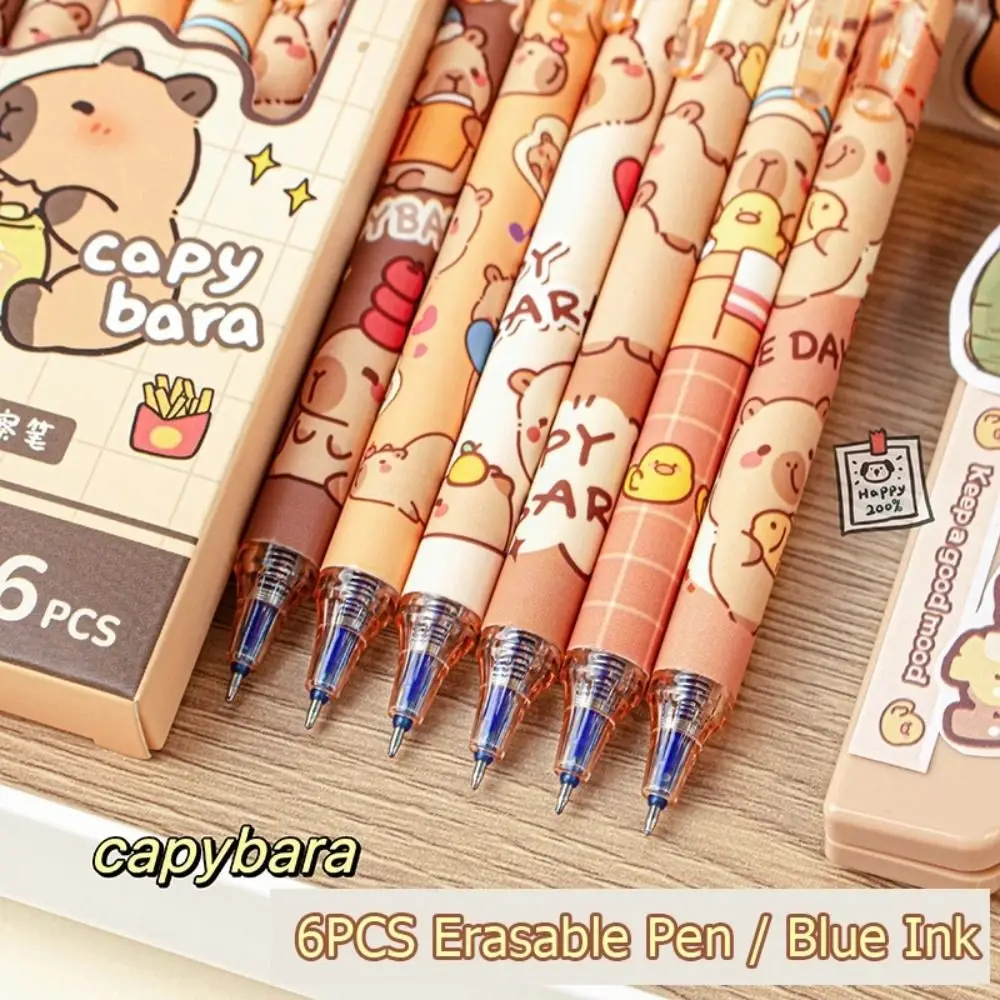 6pcs Cute Capybara Erasable 0.5mm Gel Pen Blue Ink Writing Smooth Quick-Drying Office Accessories Cartoon Pens Stationery