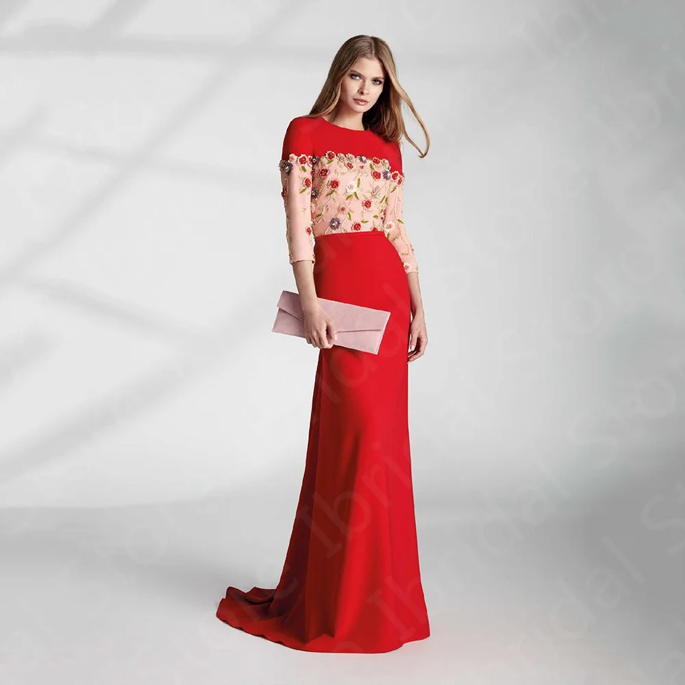 Charming Latest Mother of the Bride Dresses 2023 Red   3/4 Sleeves Round Neck Wedding Party Gowns 3D Flowers