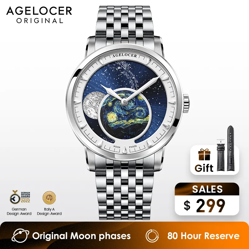 AGELOCER Original Astronomer Watch Van Gogh Oil Painting Steel Strap Men\'s Business Luxury Automatic Mechanical Moon Phase Watch