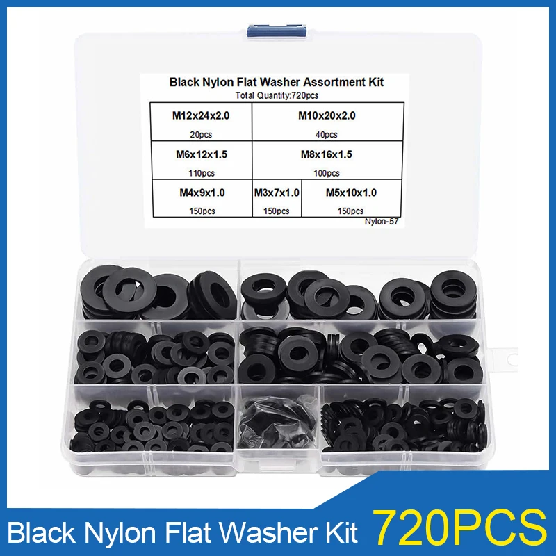 

720pcs 7 Sizes Black Nylon Flat Washer Gasket Assortment Kit M3 M4 M5 M6 M8 M10 M12 Plastic Gasket Ring Set