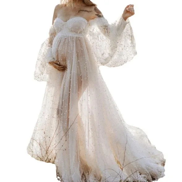 Women's Clothing Splicing Mesh Beads  Pregnant Women Cross-border Dress European and American   Photography Mopping Dress view 4