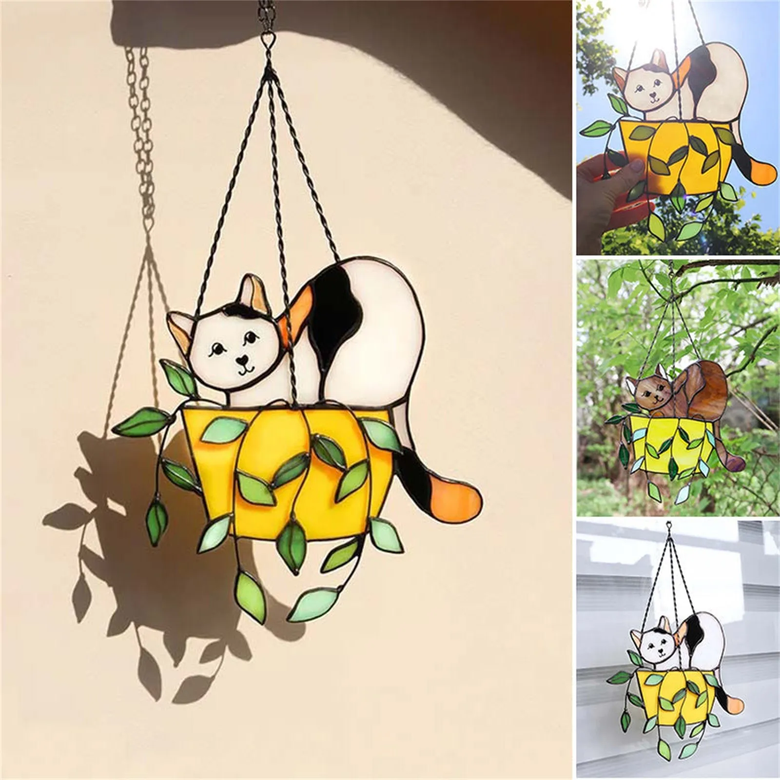 Cat In A Flowerpot Suncatcher Stained Glass Clear Crystals for Crafts Bulk Christmas Ornament Garland Crystal String Lights