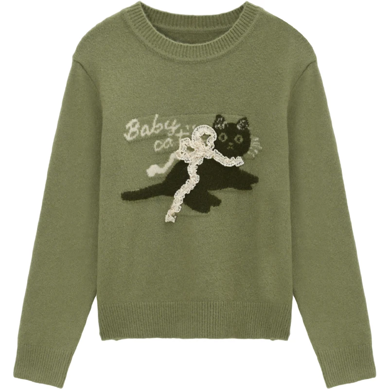 MISHOW Katzen-Jacquard-Pullover für Damen, 2022, Winter, fauler Stil, Rundhalsausschnitt, dreidimensionale Schleife, lockerer Strickpullover MXE86Z2750