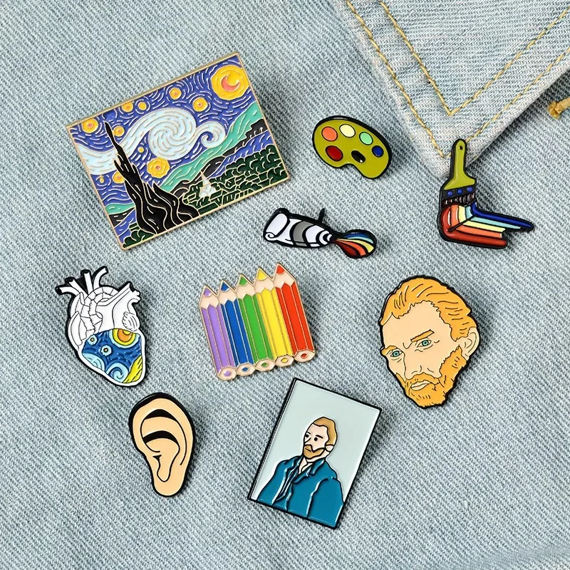Esmalte esmalte broches of Genius pintor, arte do pincel, pintura a óleo, distintivo para camisa, lapela pinos, jóias presentes para amigos, atacado