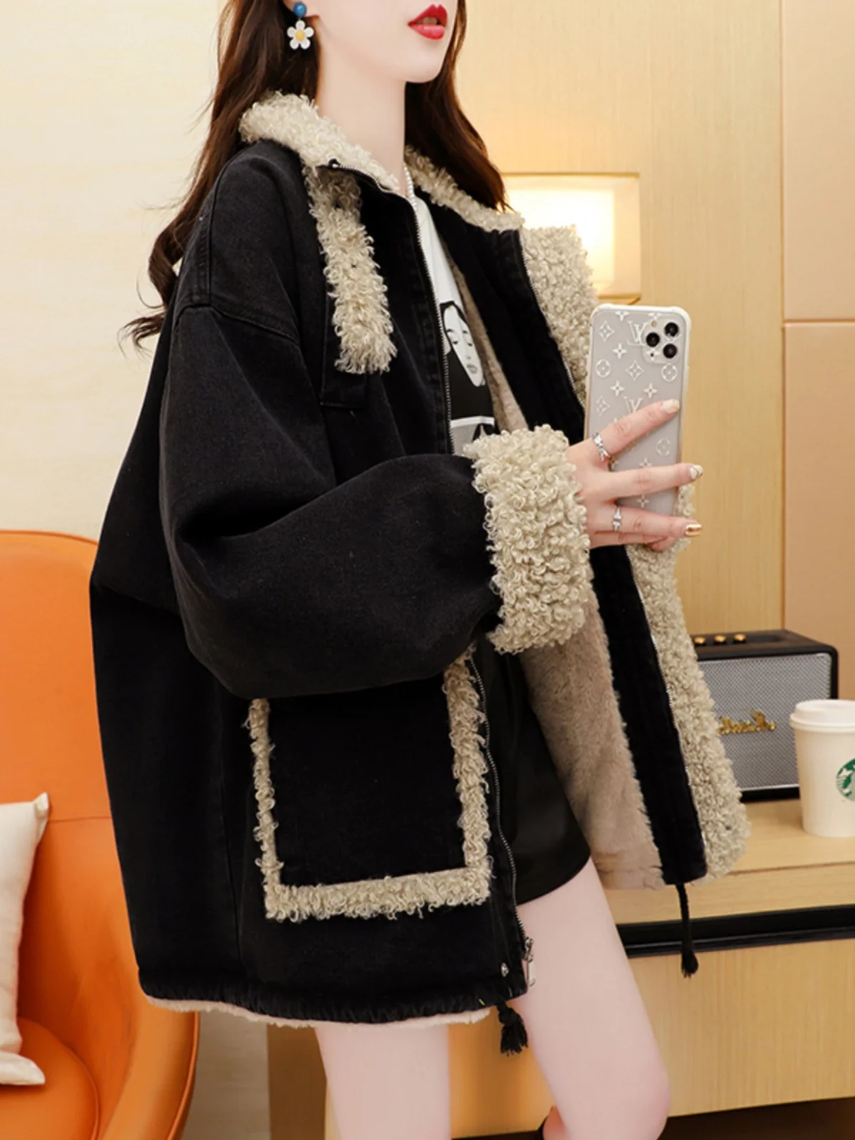 Abrigo vaquero de buena calidad de piel de felpa para mujer, ropa de calle informal holgada acolchada para otoño, ropa de calle para ir al trabajo con cremallera, rejilla de punto peluda a cuadros Chic