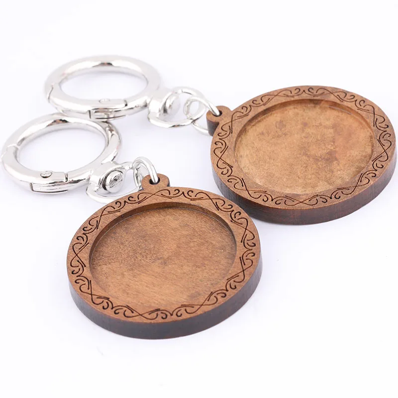 5pcs 30mm Wood Cabochon Keychain Base Setting Blanks Diy Metal Spring Clasp Key Ring For Keyring Jewelry Making