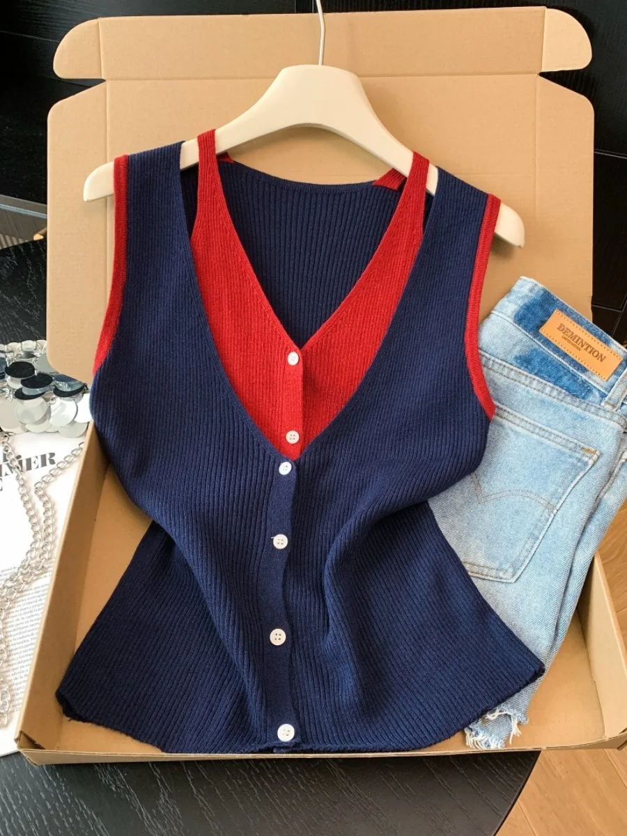 

Hong Kong Style Knitted Vest Cardigan Women's Summer Slim Fit Color Splice Sleeveless Top V-Neck Commute Fashion