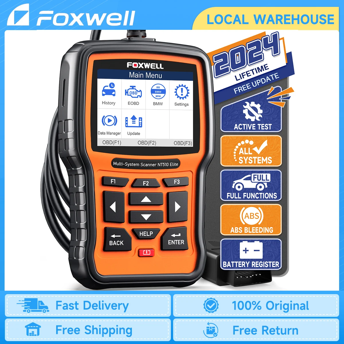 2024 FOXWELL NT510 Elite OBD2 Scanner Bi-Directional Oil Reset EPB SAS TPS TPMS All System OBD 2 Car Diagnostic  Scan Tool